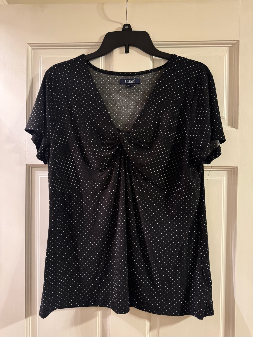 Chaps Black with White Polka Dot V-Neck Knot Front Tee